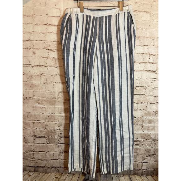 Ellen Tracy Linen Pants Womens 10 Navy & White Striped Beachy Wide Leg Pockets - Picture 1 of 15